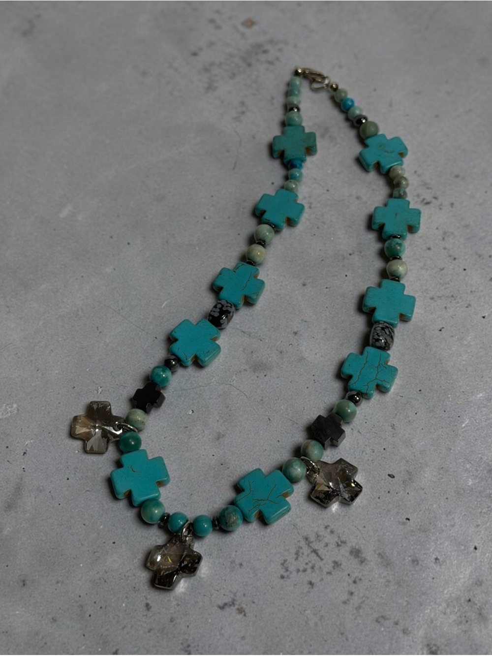 Turquoise & Smoky Glass Chunky Cross Bead Pendant Necklace Boho Southwest